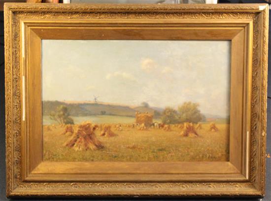 F.G. Beckett c.1900 Harvesters with windmill beyond, 20 x 30in.